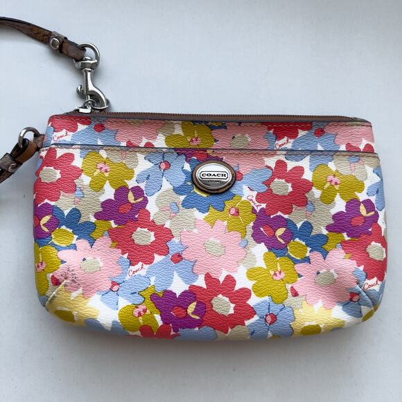 Coach Wristlet Floral Canvas Pouch Bag Signature Flowers Peyton Bennett - Picture 1 of 13